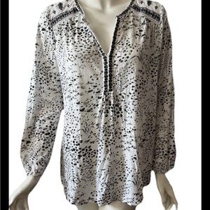Lucky Brand Black White Floral Peasant Long Sleeve Cotton Modal Tunic Top 1X
